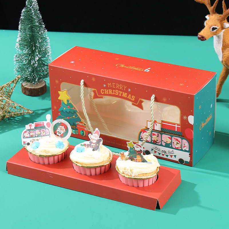Navidad 3 piezas de cuerda taza de papel caja de pastel ventana transparente Muffin Box Navidad Apple embalaje Embalaje para hornear