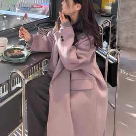 香芋紫大衣女2023年秋冬新款时尚双面尼宽松韩系毛呢外套