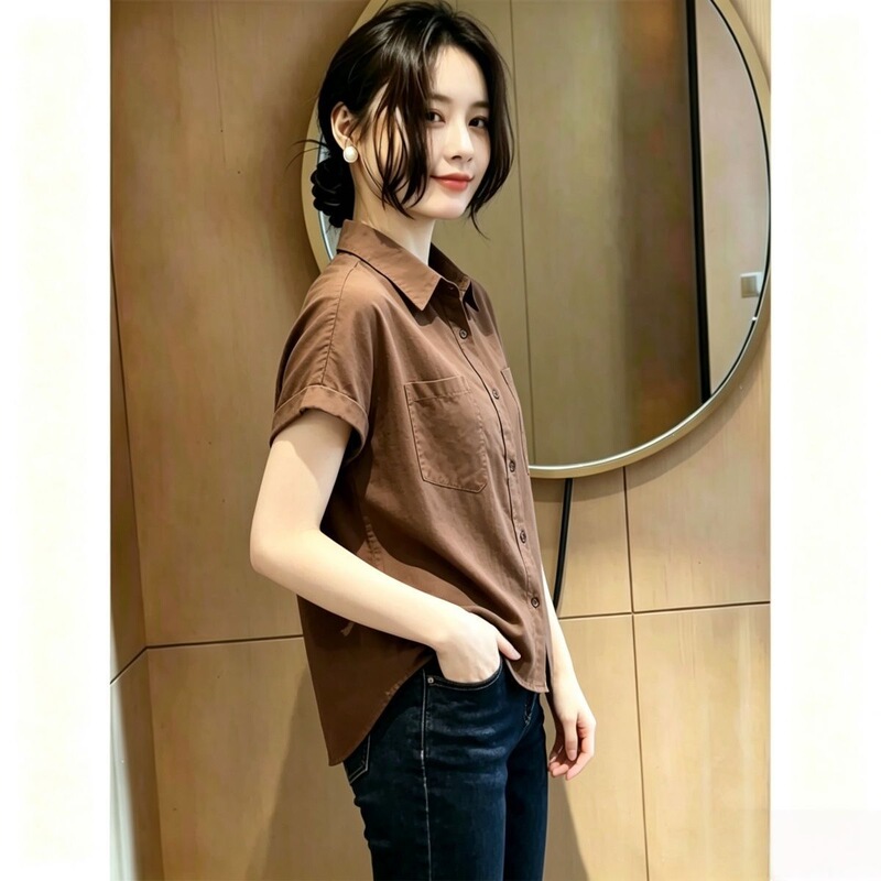 Short-Sleeved Shirt for Women 2026 Summer Thin Versatile Design Loose Fit Tummy-Concealing Slimming Casual Blouse Shirt Short-Sleeved Shirt for Women 2026 Summer Thin Versatile Design Loose Fit Tummy-Concealing Slimming Casual Blouse Shirt