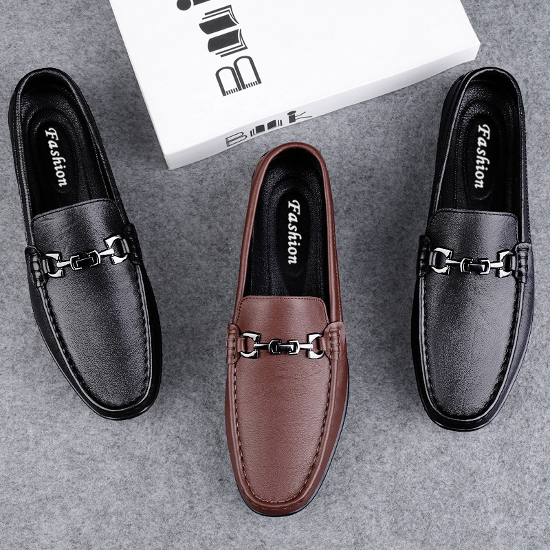 Transmisión en vivo de zapatos Bean para hombres de cuero de vaca transfronterizos de alta calidad transpirables de cuero suave con un pedazo de zapatos de cuero casuales para hombres