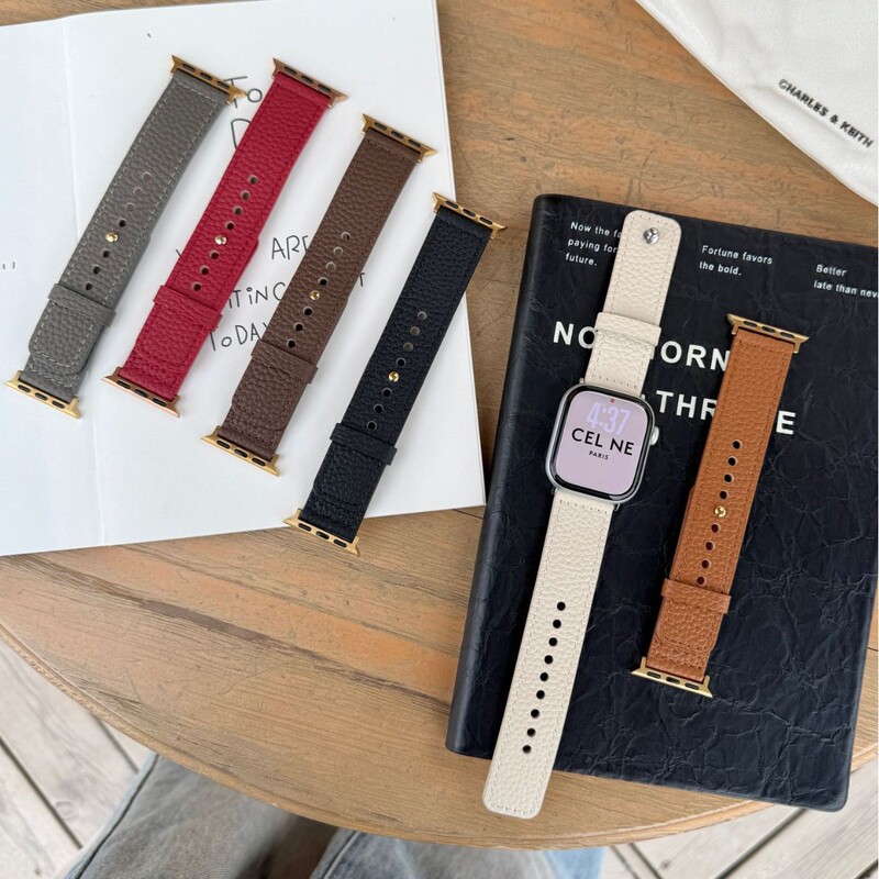 Litchi Pattern Square Tail Single Stud Leather Strap Suitable for Apple Watch iWatch 11 Generation 10/987Ultrase