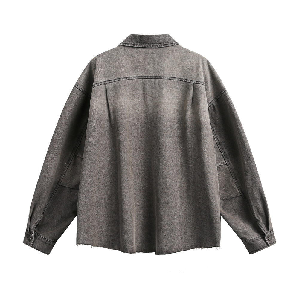 Giacca da uomo in denim lavato, sbiadito, stile punk, stile street, primavera/autunno, sfilacciata, ampia e con colletto rovesciato_voghion.com