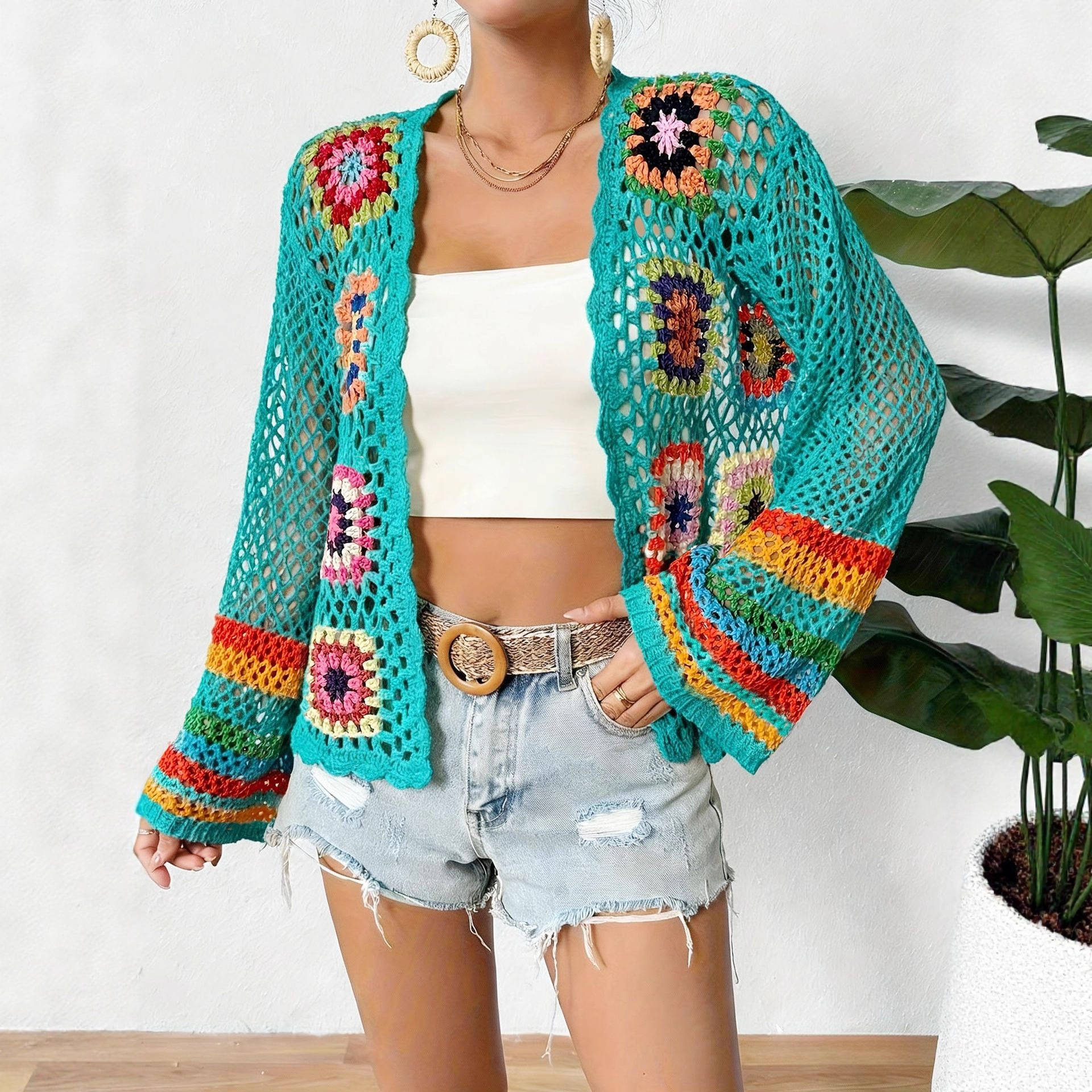 ハンドフックニット長袖上着春秋新作ボヘミアンカラー格子鉤織手作り女装クロスボーダー