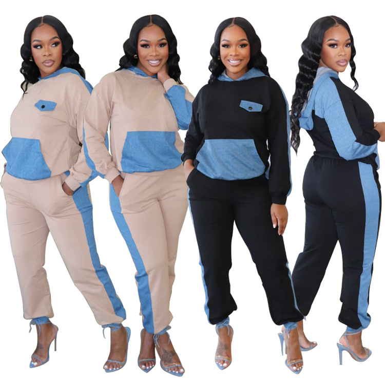 Women's Clothing 2024 autumn and winter hit casual denim patchwork hooded two piece suit_voghion.com