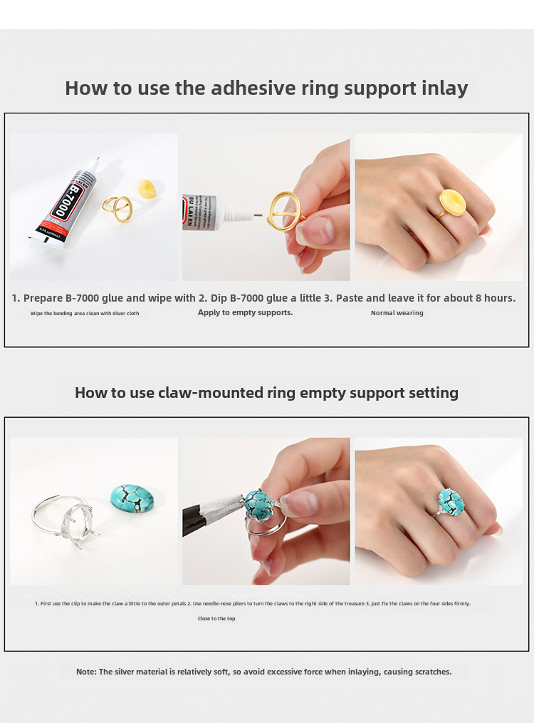 Bague en argent S925 tête de garniture vide avec aiguille support de bague en argent multi-pierres pour hommes et femmes support de bague support de bague en perles rondes en cire d'abeille DIY_voghion.com
