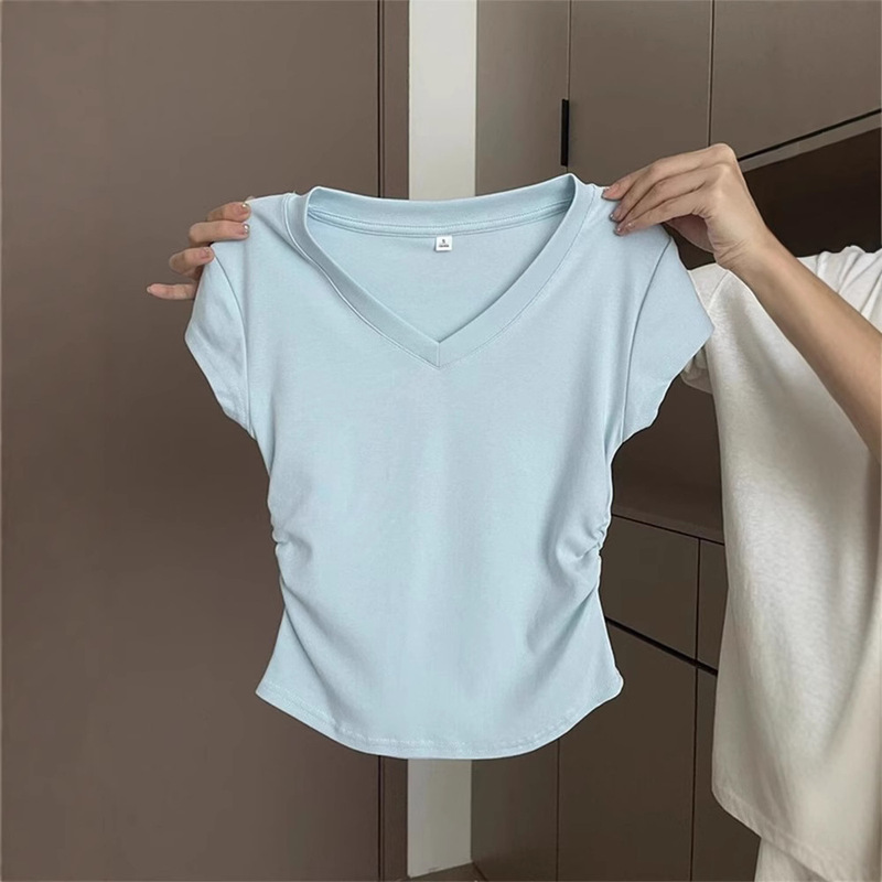 92 Cotton Blue Shoulder Short-sleeved T-shirt Women's Summer Slim-fit Slimming Western-style Pleated Waist Short T-shirt Top 92 Cotton Blue Shoulder Short-sleeved T-shirt Women's Summer Slim-fit Slimming Western-style Pleated Waist Short T-shirt Top