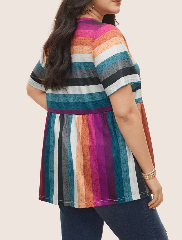 2024 Europa y los Estados Unidos verano nuevo tamaño de ropa de mujer fuente transfronteriza de color chaqueta a rayas casuales camiseta retro cómoda