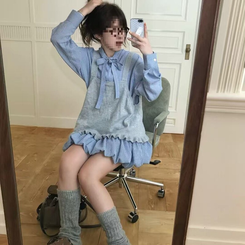 韩系复古格子蝴蝶结系带衬衫裙显瘦花苞裙女背心甜美套装秋季纽扣|undefined