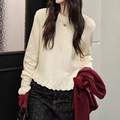 韩版软糯针织毛衣女2025秋季新款圆领镂空花边针织打底上衣秋冬潮