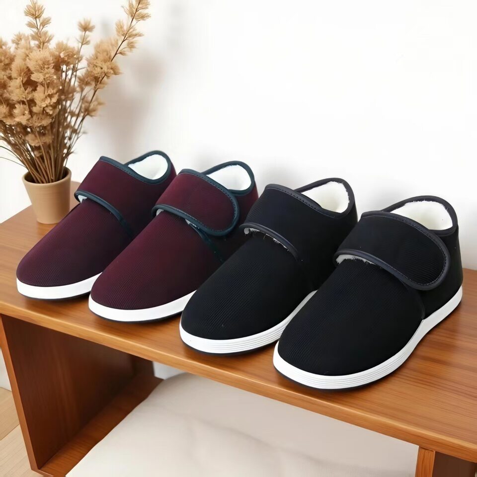 Giày bông mùa đông cổ cao lót lông giữ ấm, giày vải dán Velcro chống trượt cho nam nữ — 8001 Vải cotton dán - màu đỏ, 8001 Vải cotton dán Velcro - màu đen chi tiết 2