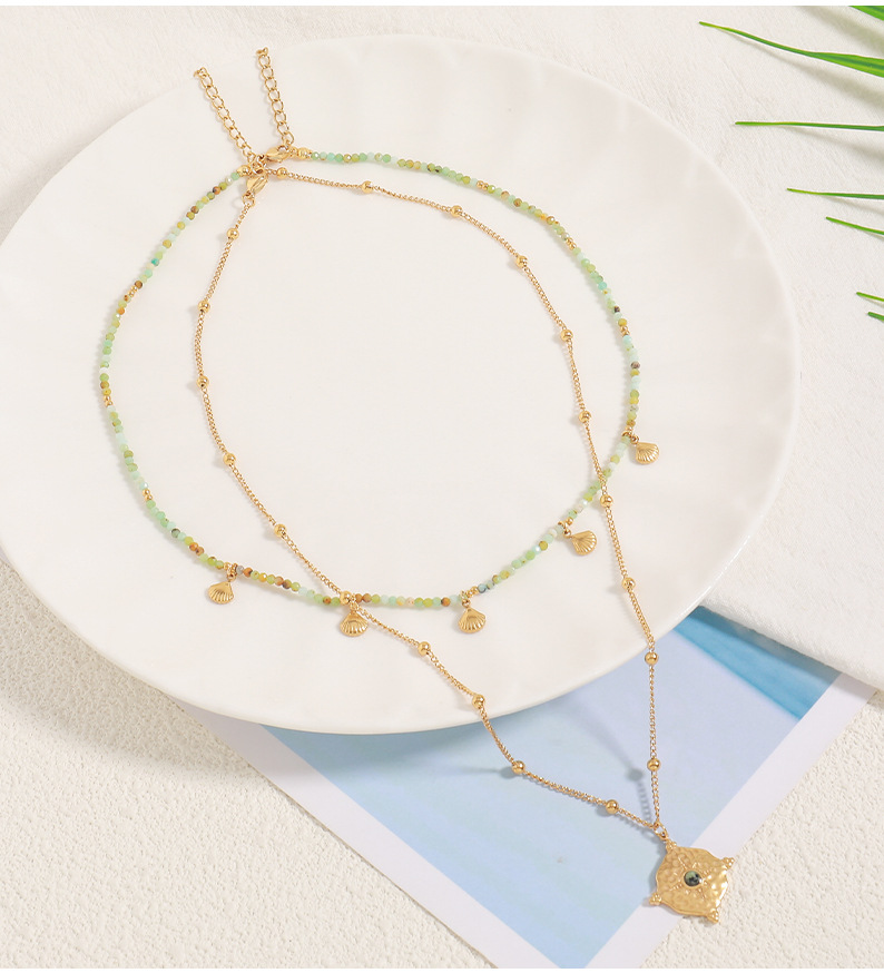 Linglang Natural Stone Beaded Necklace Retro Style Layered Necklace Set Gold-plated Chain Layering Jewelry