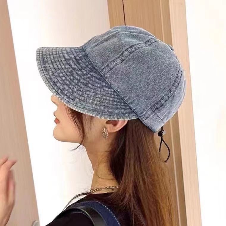 鴨舌帽子2024新款水洗牛仔做舊大頭圍漁夫帽女四季百搭遮陽棒球帽
