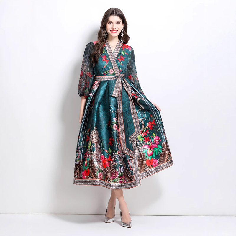 Cross-border export women's clothing 2025 spring new V-collar national style printed satin wrap long dress