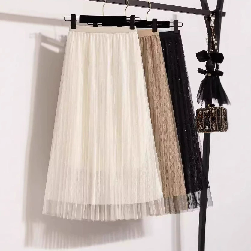Новая осенне-зимняя юбка-сетка цвета хаки для женщин 2025 года, весенне-осенняя юбка с высокой талией, скрывающая бедра, стройнящая, плиссированная, длинная.