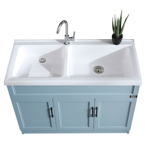5YA1 wholesale laundry cabinet integrated double basin artificial quartz stone laundry pool with washboard balcony space aluminum bathroom cabinet