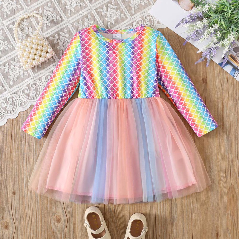Girls' dress Spring and Autumn Fish Scale Mesh Stitching Cross-border European and American Fashion Children's Mermaid Rainbow Mesh Skirt