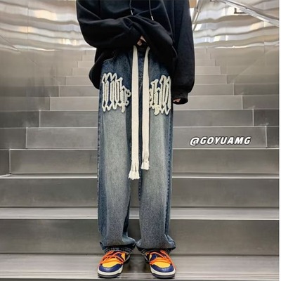 American style Retro work clothes Jeans Men's Autumn and winter Chaopai 2022 new pattern Easy High Street Broad leg Straight trousers