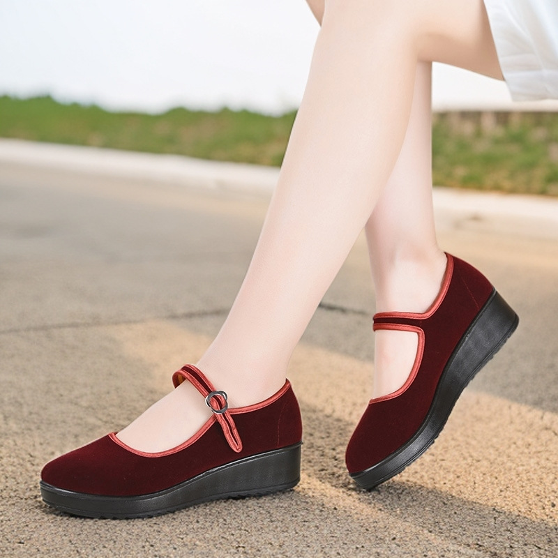 春夏プラットフォームソール古い北京布靴女性用ブラック 4cm ウェッジヒール女性用作業靴浅い口ダンスシューズ|undefined