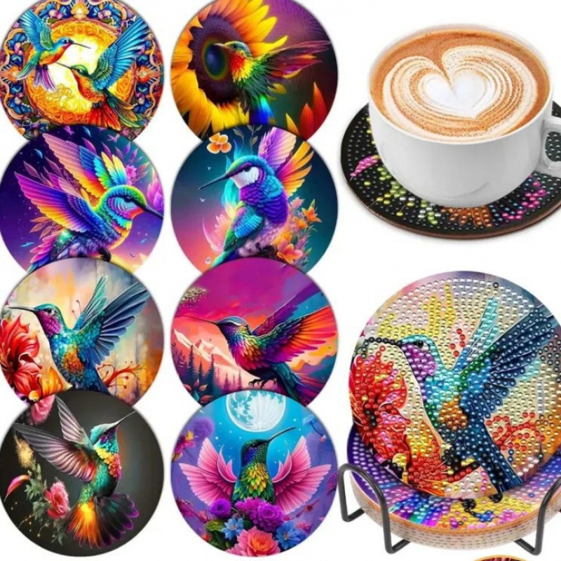 Ventas transfronterizas calientes de 8 piezas de conjunto de cojín de taza de arte de diamante, con soporte, pequeño conjunto de pintura de diamante, adecuado para adultos