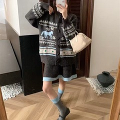 秋冬新款撞色提花针织套装女学院风减龄加厚毛衣外套半身裙两件套