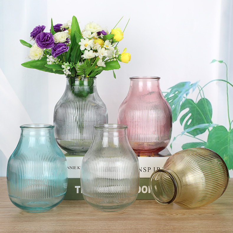 Nordic Simple Big Belly Striped Glass Vase Creative Hydroponic Dried Flowers Flower Flower Ornament Home Decorative Desktop Ornaments