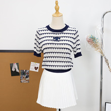 25年夏季新款凯旋家logo条纹拼色镂空针织短袖圆领套头宽松女上衣