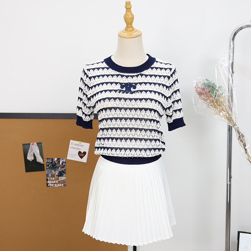 25年夏季新款凯旋家logo条纹拼色镂空针织短袖圆领套头宽松女上衣