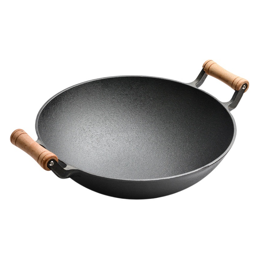 Mango de madera engrosada olla de hierro fundido de doble oreja anticuada fondo redondo olla de hierro grande hogar olla de hierro fundido no recubierto sartén antiadherente para gas