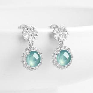 Natural A goods jade blue water egg surface earrings ice jade stone S925 silver inlaid fashion high-end women's earrings wholesale