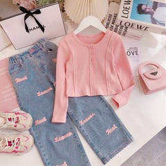 Ailetu 2023 Autumn New Arrival Korean-style Chic Girl's Long-Sleeve Crew-Neck Waist-Control Top with Denim Pants – Two-Piece Set