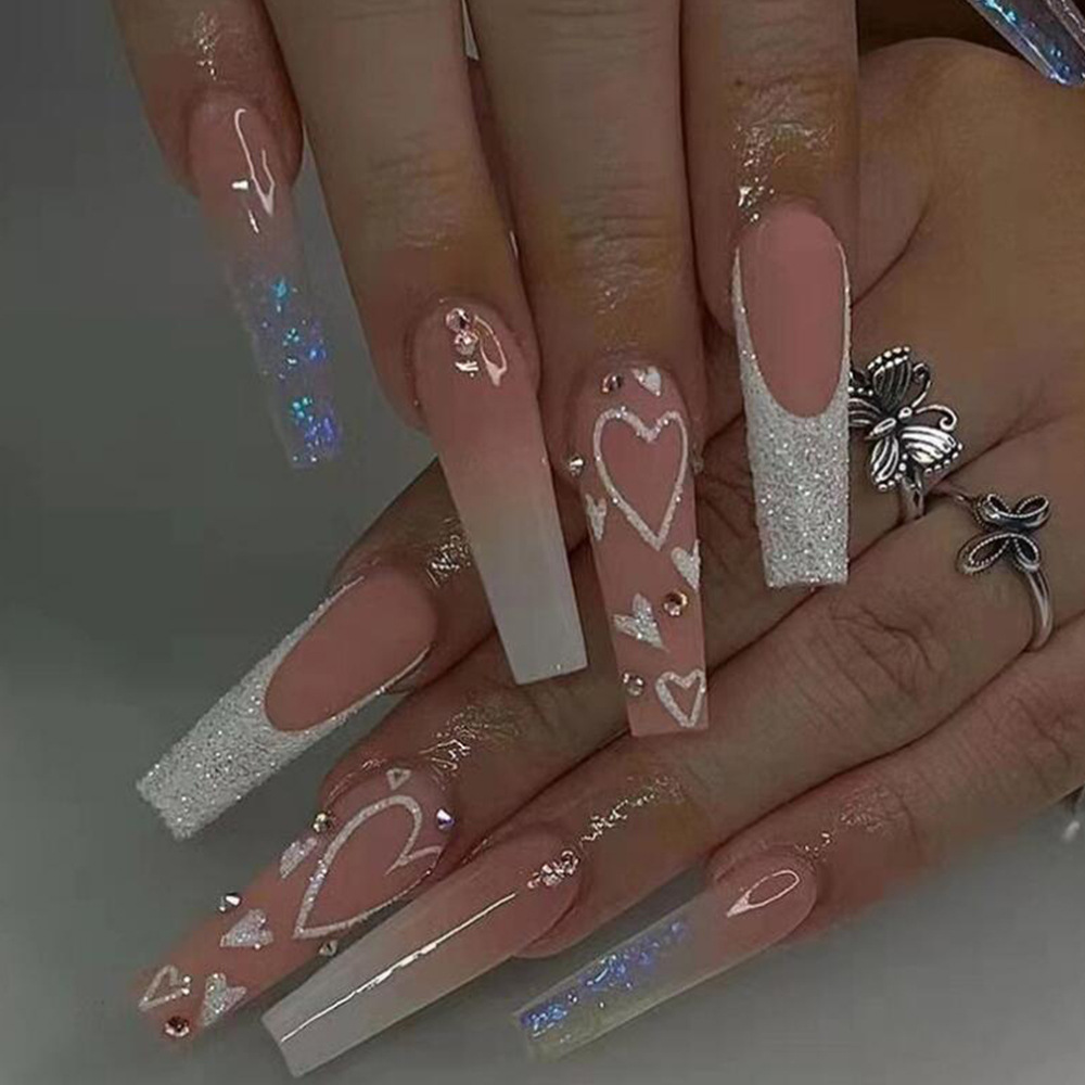 Transfronterizo venta de diamante rosa de amor de manicura dulce estilo francés para usar uñas 24 piezas de parche de uñas falsas