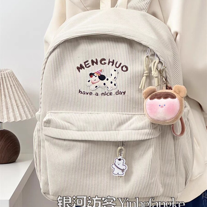 Ins School Bag for Junior High School Students and High School Students, Large-Capacity Backpack, Computer Backpack, Corduroy, Campus Style, Fresh and Sweet