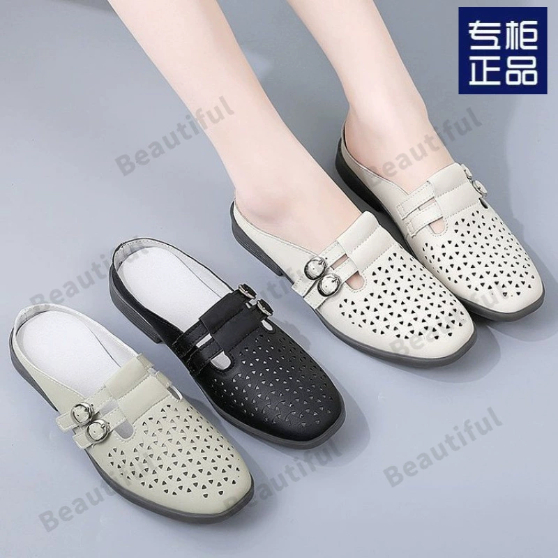 Женские летние шлепанцы Баотоу 2025, открытые, плоская подошва, дышащие, антибактериальные, удобные, на одну ногу, полусандалии