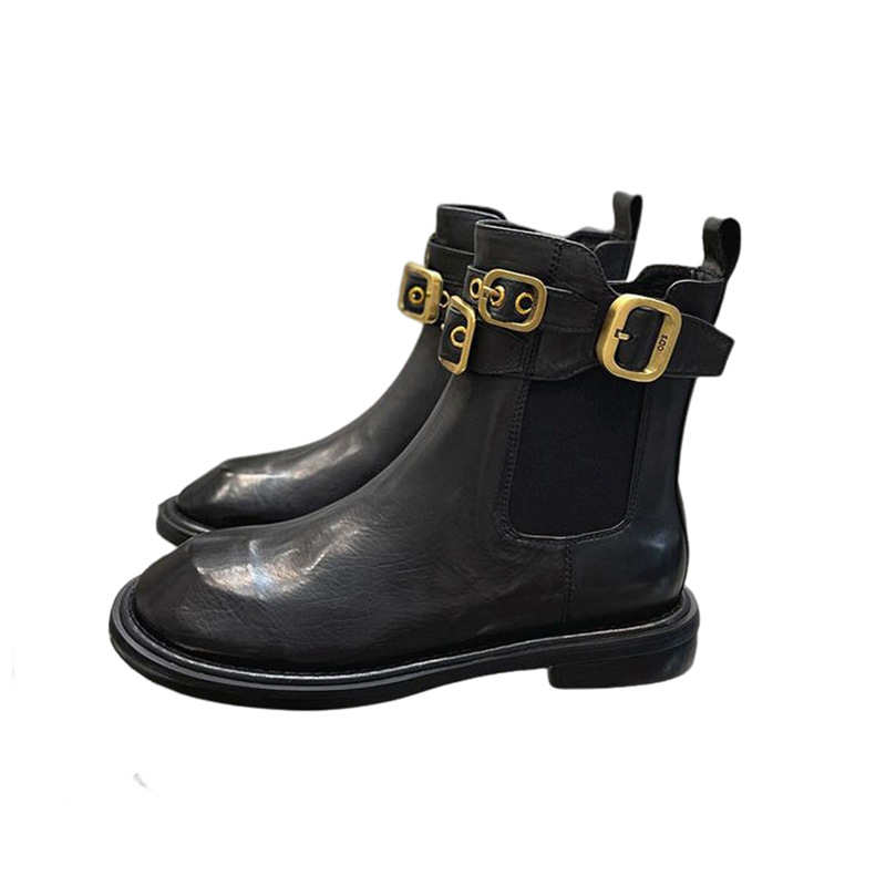 Big Goose Head Short Damen Britischer Stil Frühling und Herbst Neue Flache Unterseite Einzelne Gürtelschnalle Dicker Absatz Martin_voghion.com