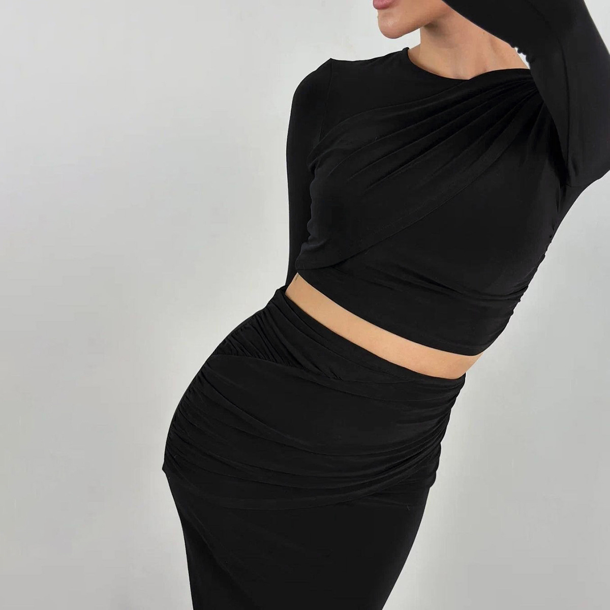 European American Style Women's Clothing 2024 Autumn And Winter New Foreign Trade Round-neck Long-sleeve Crop Top_ecoleips.com