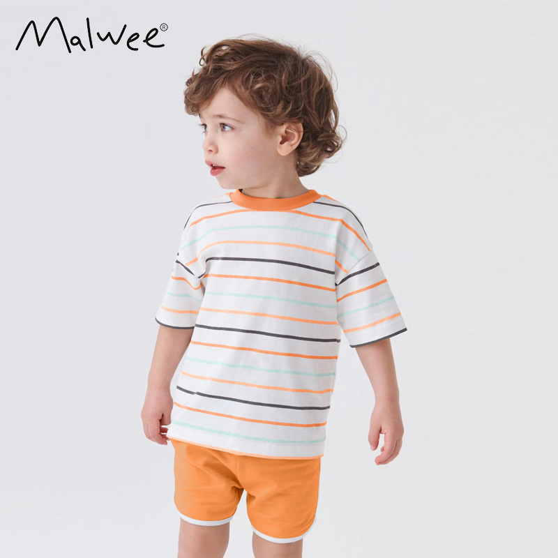Malwee traje de dos piezas para niños verano nuevo estilo occidental europeo y americano de los niños a rayas Top casual sweatpants traje de los muchachos