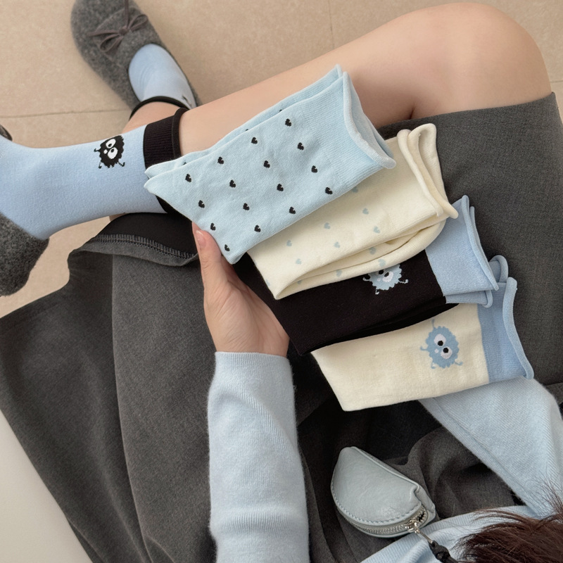 韩国袜子女卡通小煤球中筒袜2025秋季新款拼色卷边堆堆袜蓝白色系|undefined
