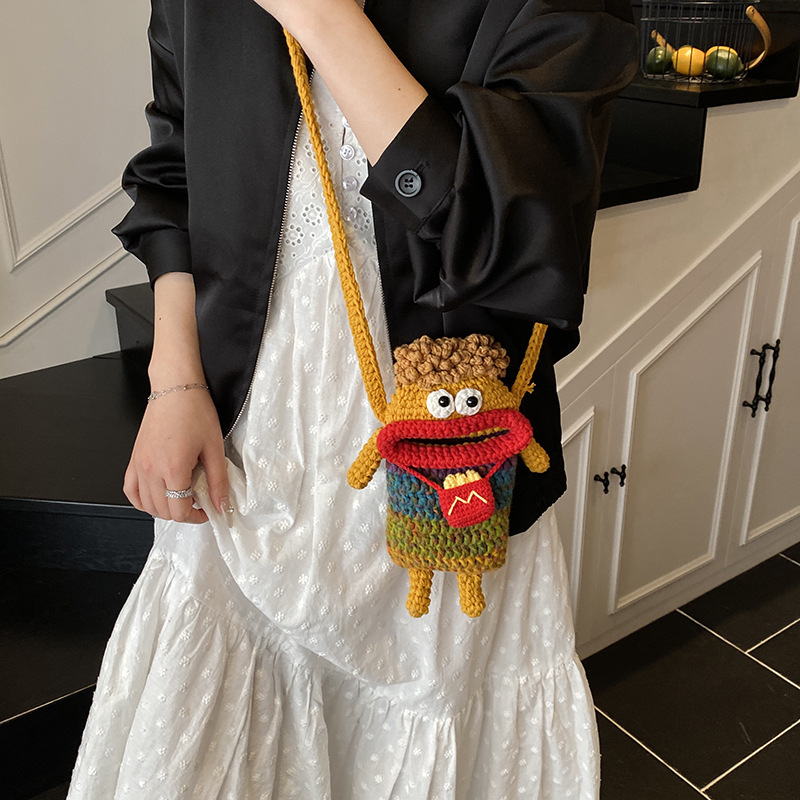 Hochillo tejido a mano bolsa de cambio de color gradiente bonito bonito extraño bebé mochila caricatura adorable patatas fritas bolsos para niños