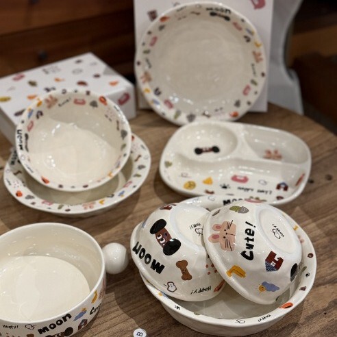 新型insシンプル高颜値月犬シリーズかわいい茶碗皿陶磁器食器アニメ皿|undefined