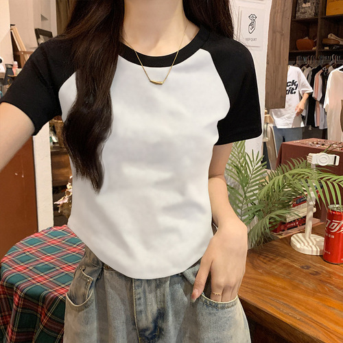 American Retro Pure Cotton Short-Sleeve T-Shirt for Women 2025 Summer Colorblock Short Length Shoulder-Style Top