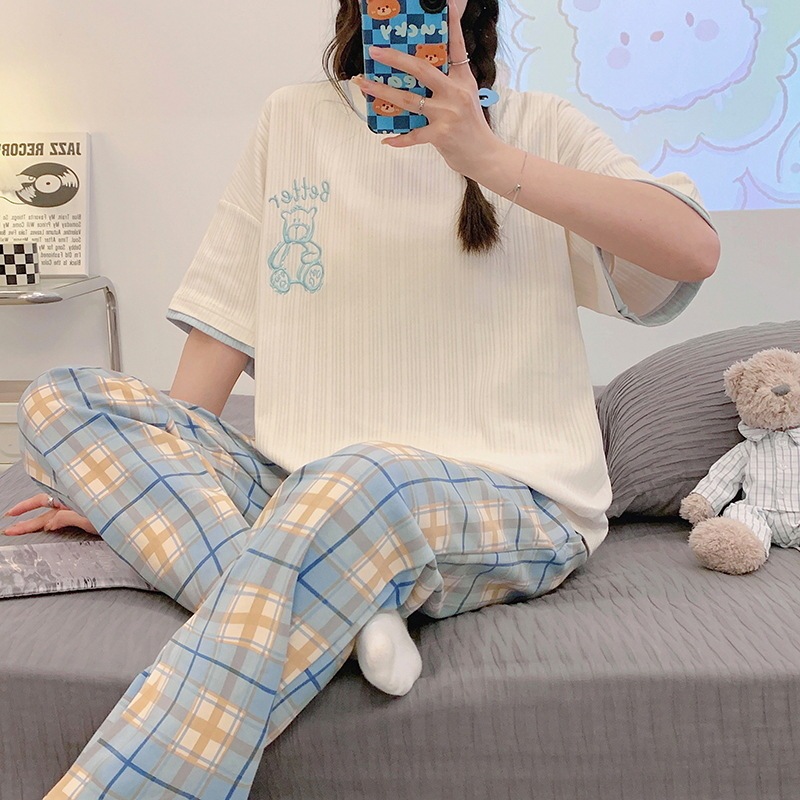 2023 Spring and Summer New Pajamas Women's Short Sleeve Long Pants Set Pullover Round Neck Home Clothes Wholesale