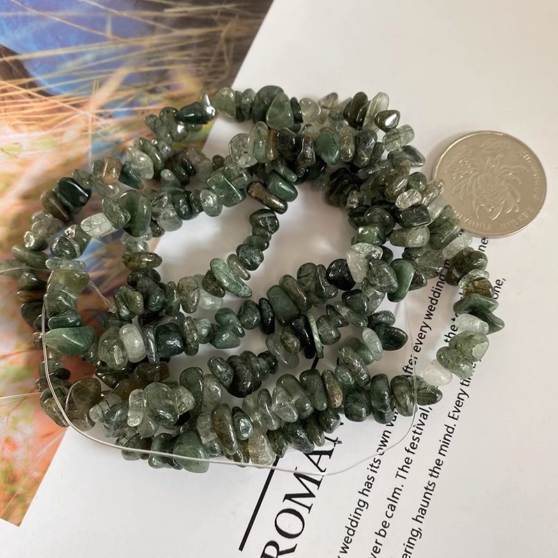 천연 녹색 머리 크리스탈 자갈 긴 끈 자갈 5-7mm 길이 약 85cm