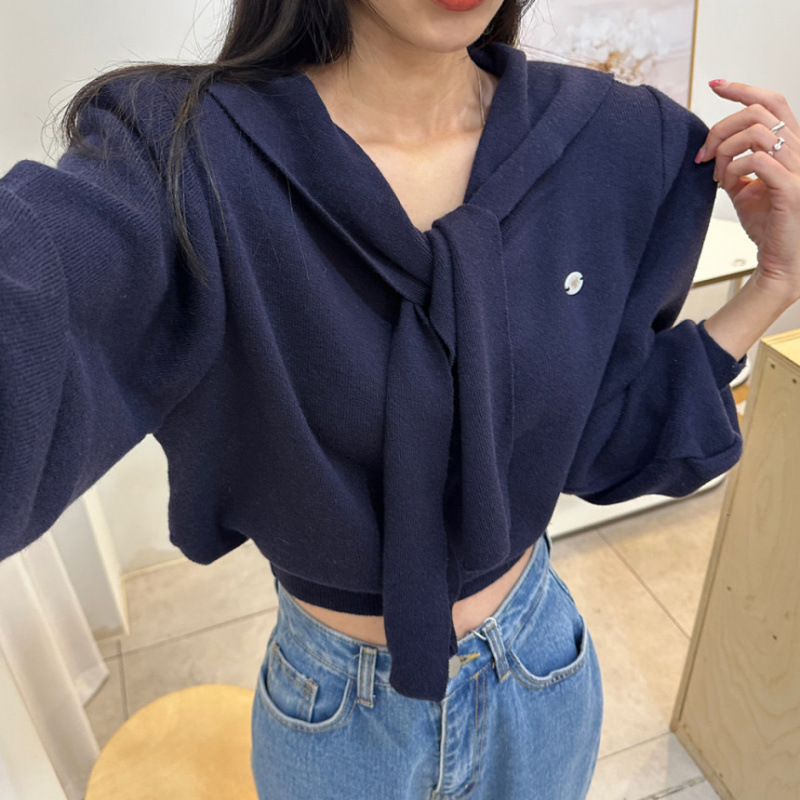 Korean-Style Spring and Autumn Retro Age-Reducing College-Style Simple Shawl Collar Patchwork Slimming Wool Knit Sweater in 4 Colors