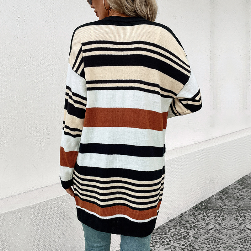 Striped Color Block Casual Long Style Sweater Cardigan_voghion.com