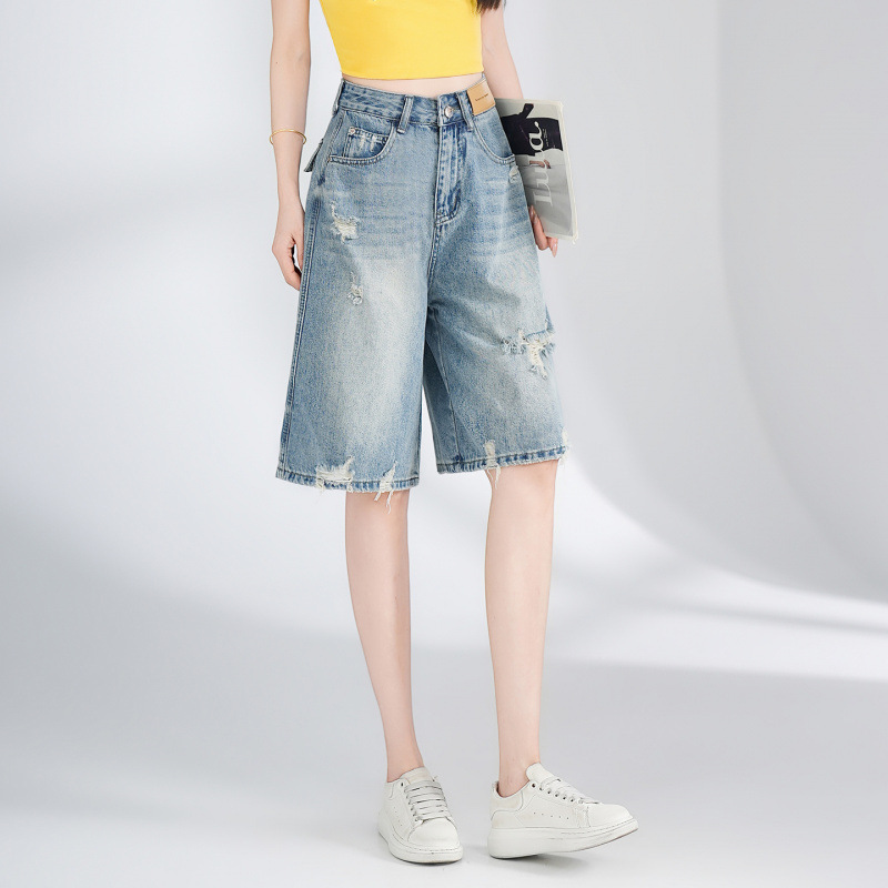 2026 Summer New Straight-Leg Ripped Non-Stretch Denim Shorts Plus Size Versatile Loose Wide-Leg Knee-Length Shorts for Women