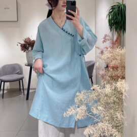 2026春季新中式亚麻宽松大码女装V领长袖禅意盘扣衬衫茶服