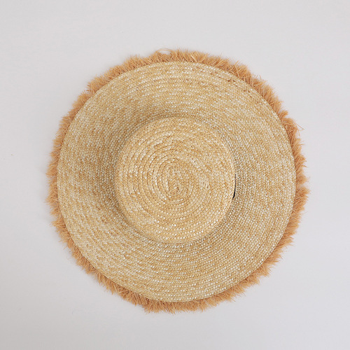 Cross-border grass braided wide-brimmed flat-top hat for women, summer beach sand sunshade, sunscreen woven brim edge, embellished hat