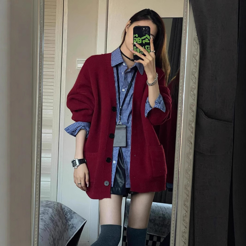 高级感复古套装女气质百搭针织开衫毛衣搭格纹小众翻领衬衫两件套|undefined