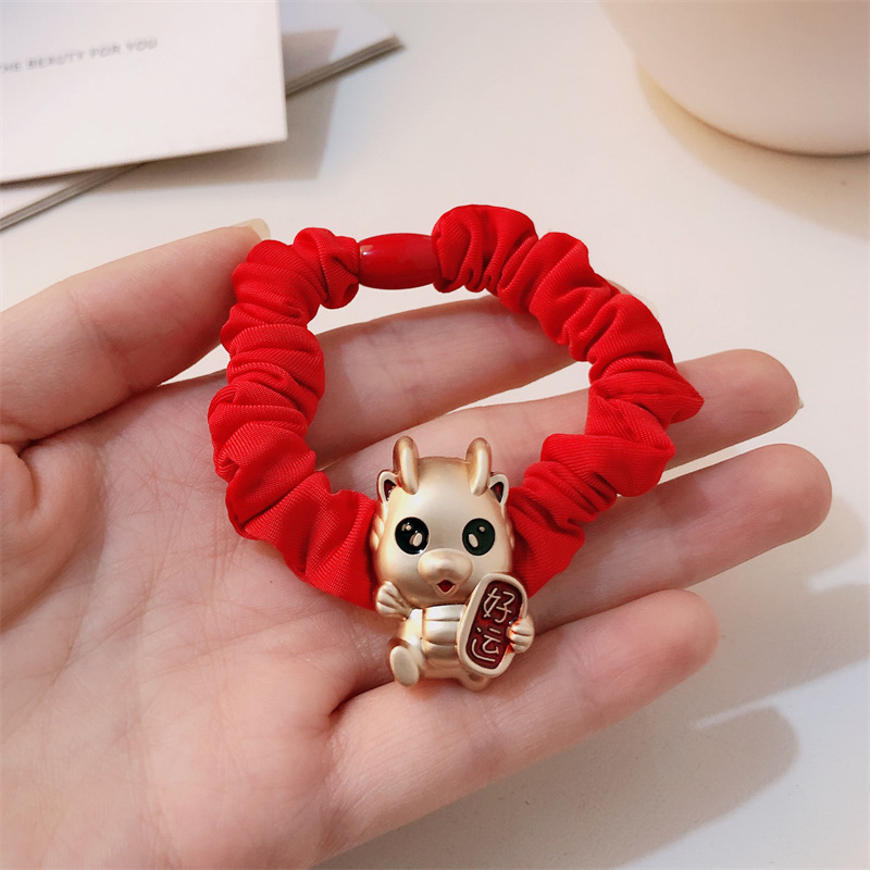 Año del Dragón Zodiaco de alta sensación metal rojo Año Nuevo anillo de cabello de alta altura cuerda elástica cuerda de cabello festiva adornos para el cabello