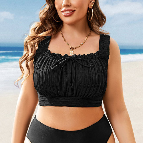 2025 European and American solid color strapless plus-size swimsuit top women's beach vacation fashionable swimwear for plump ladies
